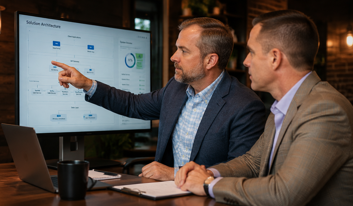 Two Inner Join Technologies consultants reviewing a Dynamics 365 solution architecture diagram on screen