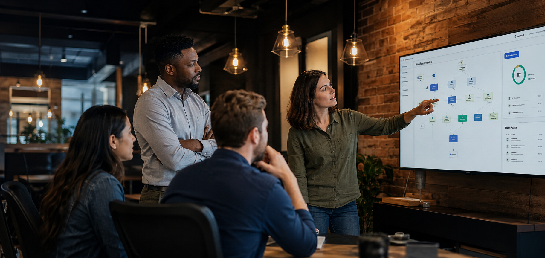 The Inner Join Technologies team reviewing a Microsoft Dynamics 365 workflow dashboard together -- a hybrid consulting partner in Covington, Kentucky