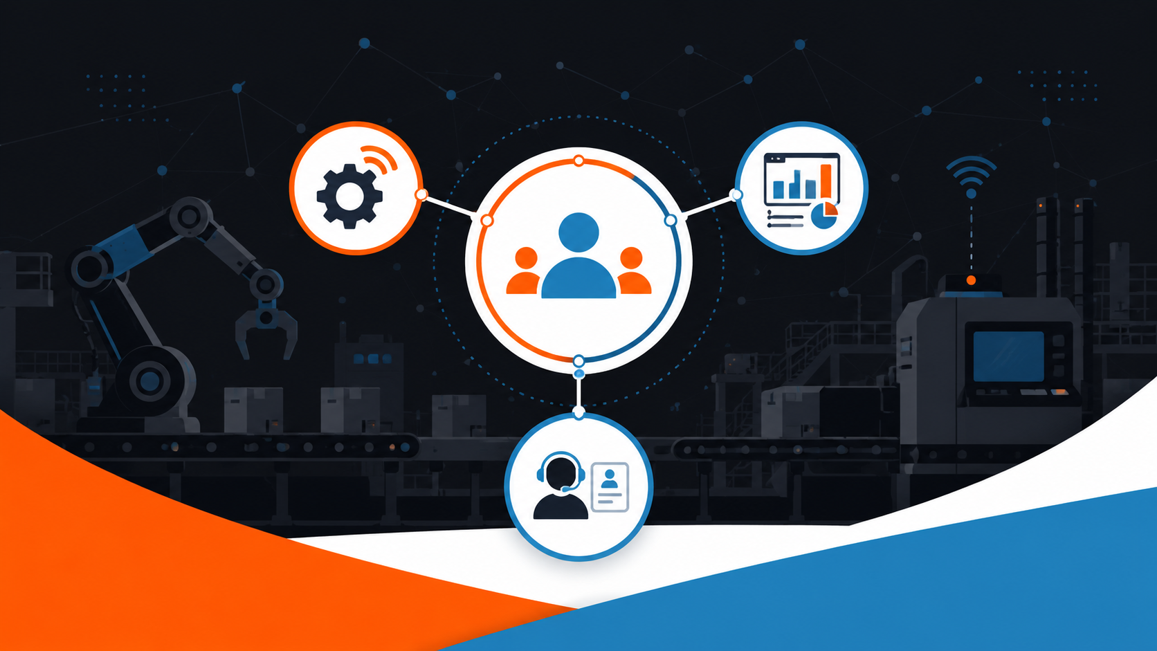 Illustration of a factory floor silhouette connected to a central hub with icons for production, dashboards, and customer service, representing a unified CRM system for manufacturing.
