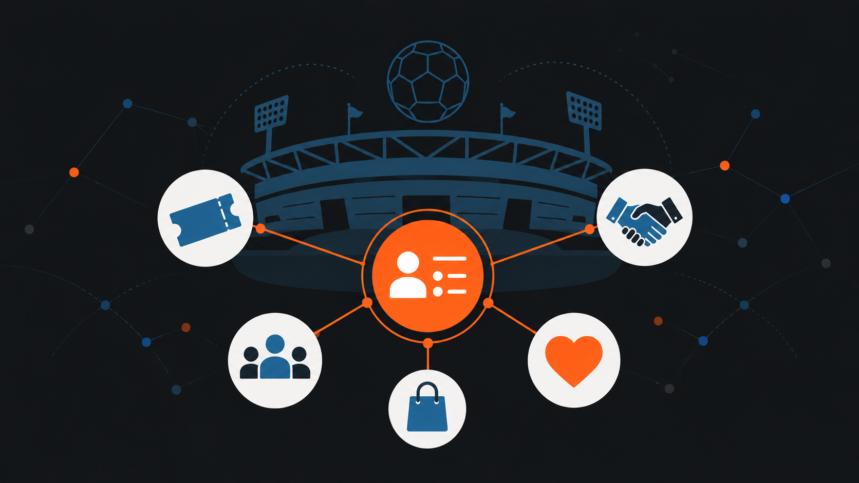 Illustration of a generic soccer stadium silhouette with a central CRM hub connected to ticket, sponsorship, and fan loyalty icons, representing data driven business operations for a soccer organization.