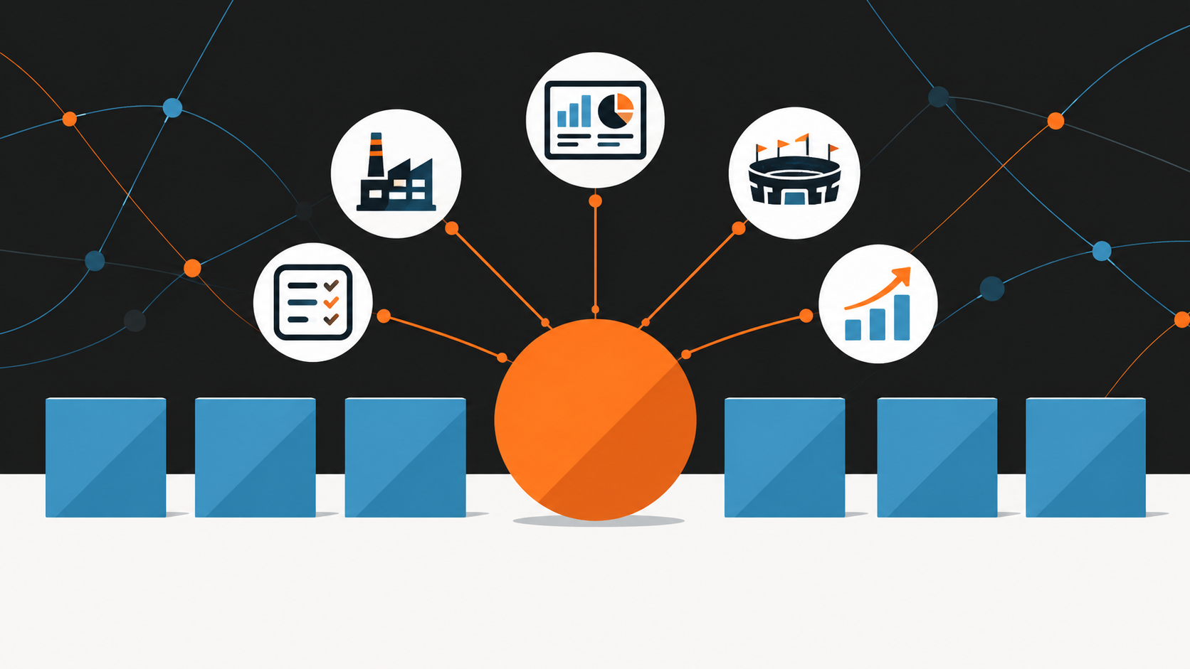 Illustration of a row of identical blue geometric shapes with one orange shape standing apart, connected to icons for a dashboard, chart, and feedback survey, representing what sets Inner Join apart from other Microsoft partners.