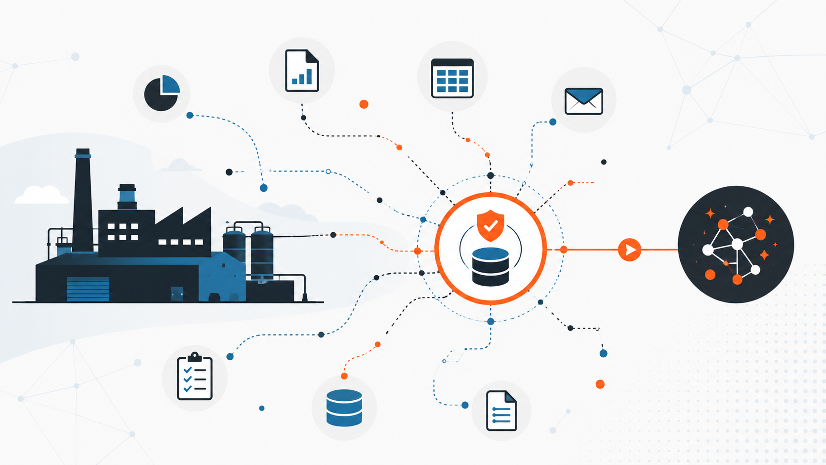 Flat illustration of a factory silhouette connected to an AI network diagram, representing manufacturers adopting AI