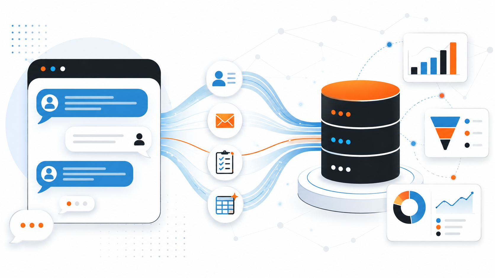 Illustration of a chat bubble connected by a flowing data line to a stylized CRM database icon, representing an AI assistant querying and updating sales and marketing data.
