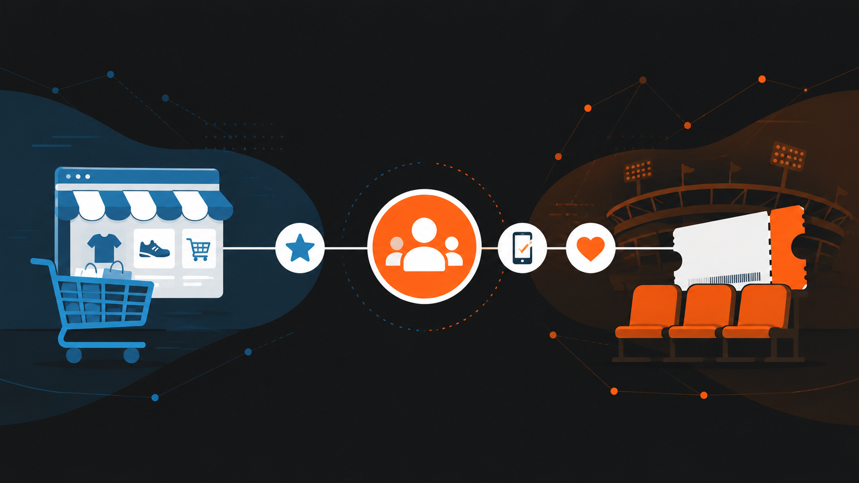 Illustration of a shopping cart icon and a stadium seat icon connected through a central CRM hub with loyalty and mobile checkout icons, representing e-commerce strategies applied to fan engagement.
