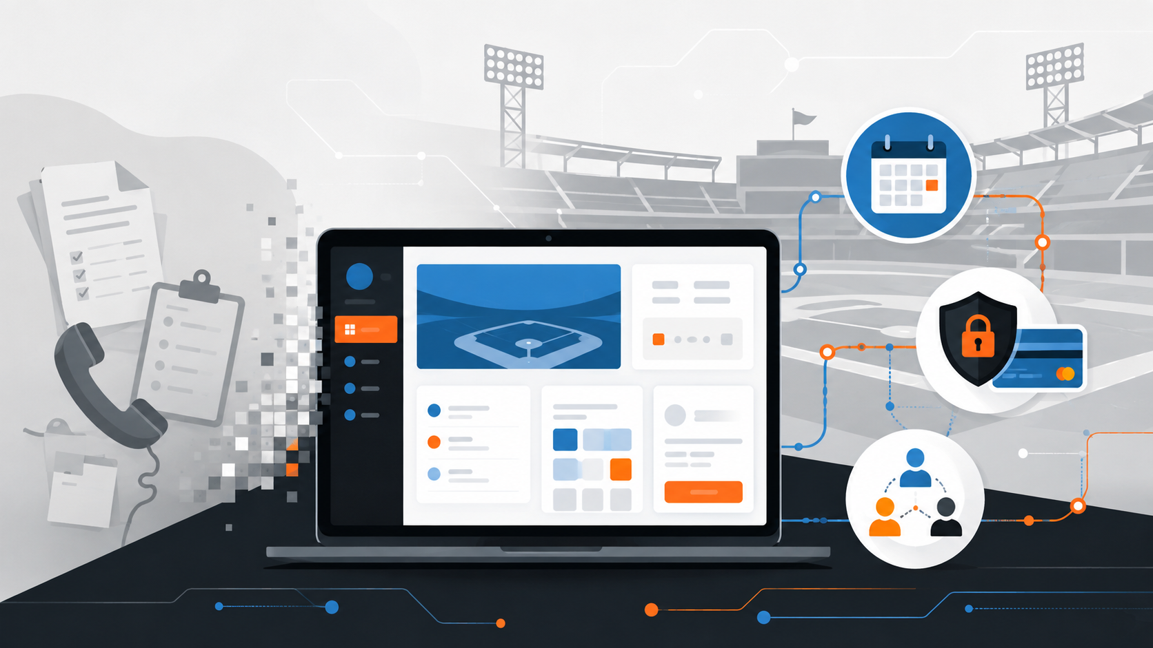 Illustration of a stadium silhouette with a tablet displaying an event portal interface, a calendar icon, a secure payment icon, and connected guest icons, representing a digital special events and catering management system.