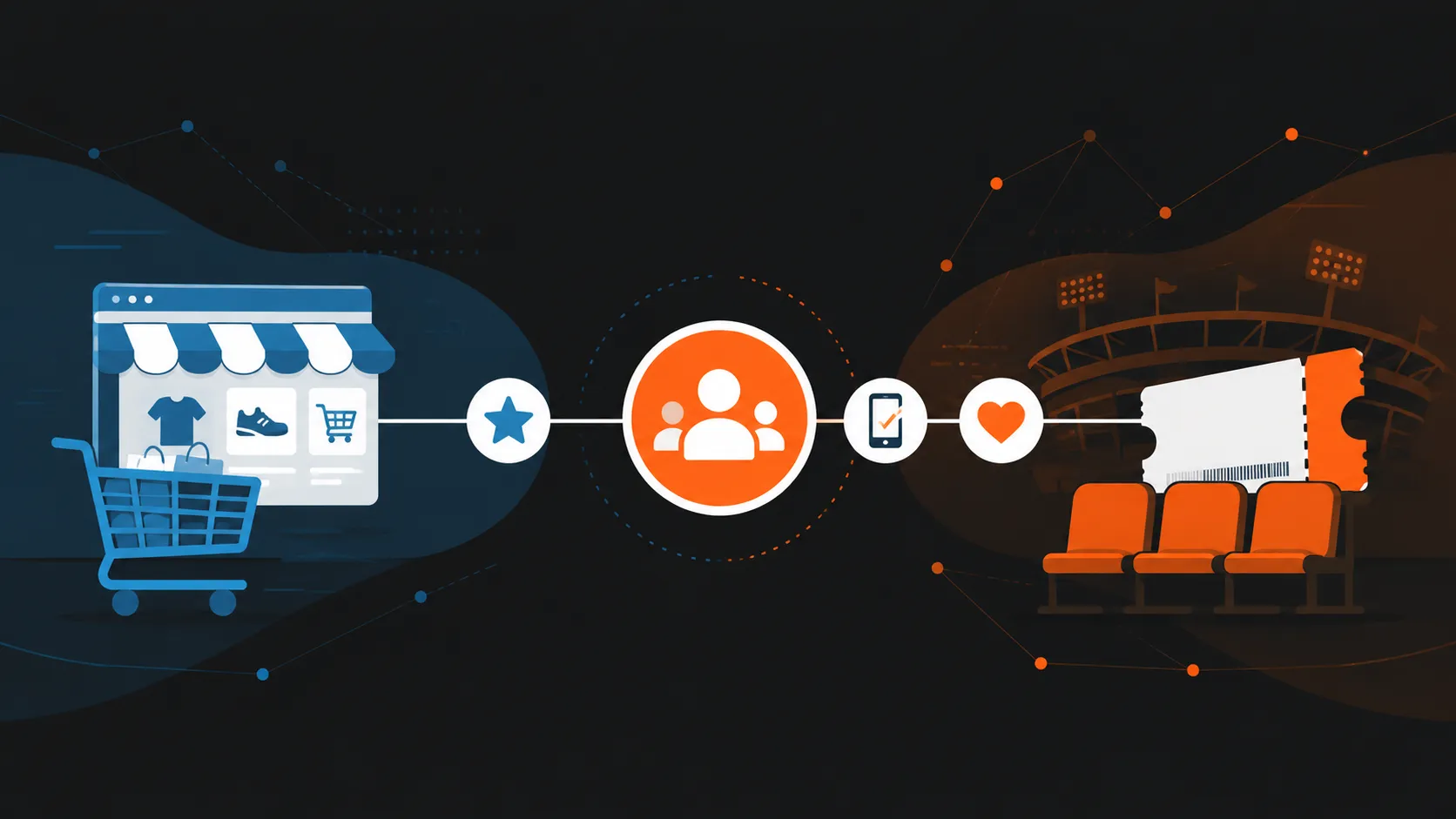 Illustration of a shopping cart icon and a stadium seat icon connected through a central CRM hub with loyalty and mobile checkout icons, representing e-commerce strategies applied to fan engagement.