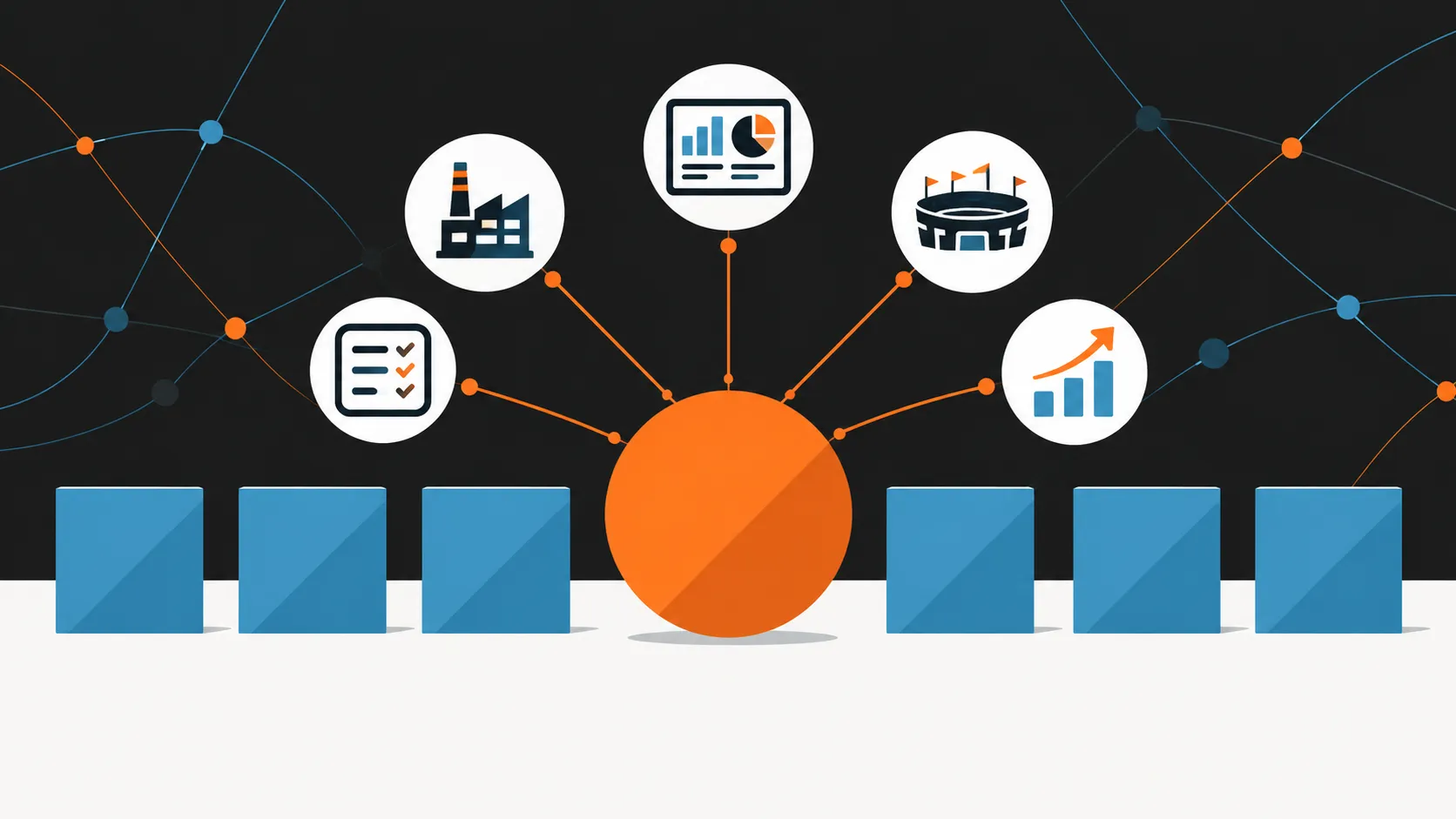 Illustration of a row of identical blue geometric shapes with one orange shape standing apart, connected to icons for a dashboard, chart, and feedback survey, representing what sets Inner Join apart from other Microsoft partners.