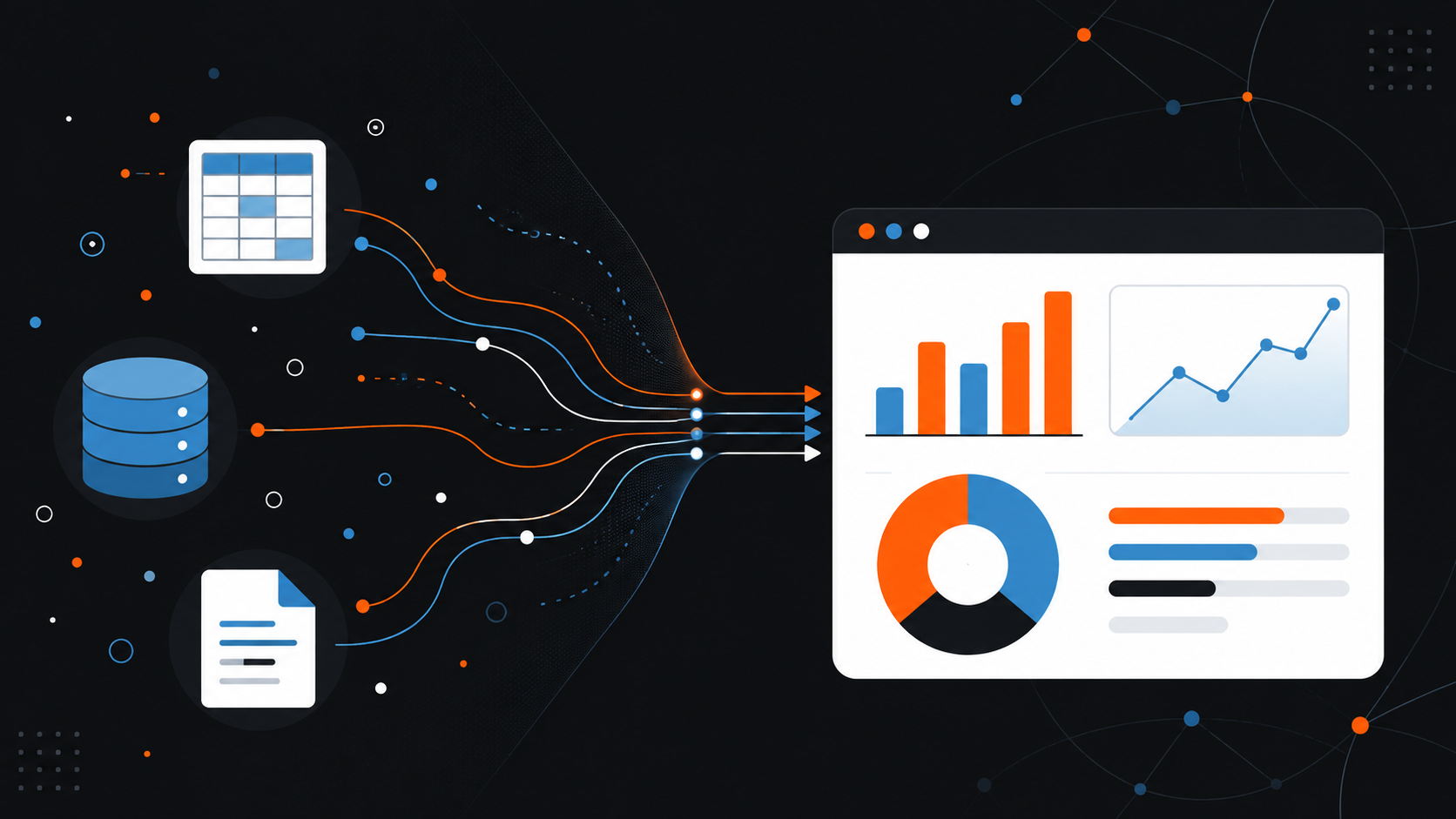 Illustration of scattered data icons flowing into a clean dashboard with bar, line, and pie charts, representing turning raw data into Power BI insights.