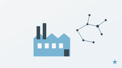 Flat illustration of a factory silhouette connected to an AI network diagram, representing manufacturers adopting AI