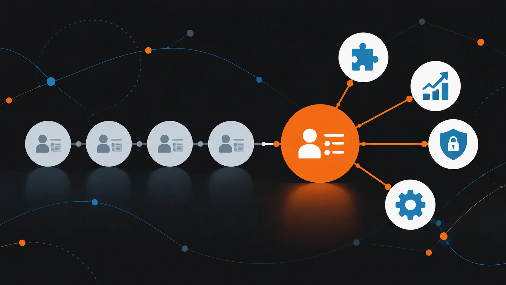 Illustration of a set of generic shapes with one larger orange shape connected to icons for integration, scalability, security, and customization, representing Dynamics 365 standing out among CRM options.