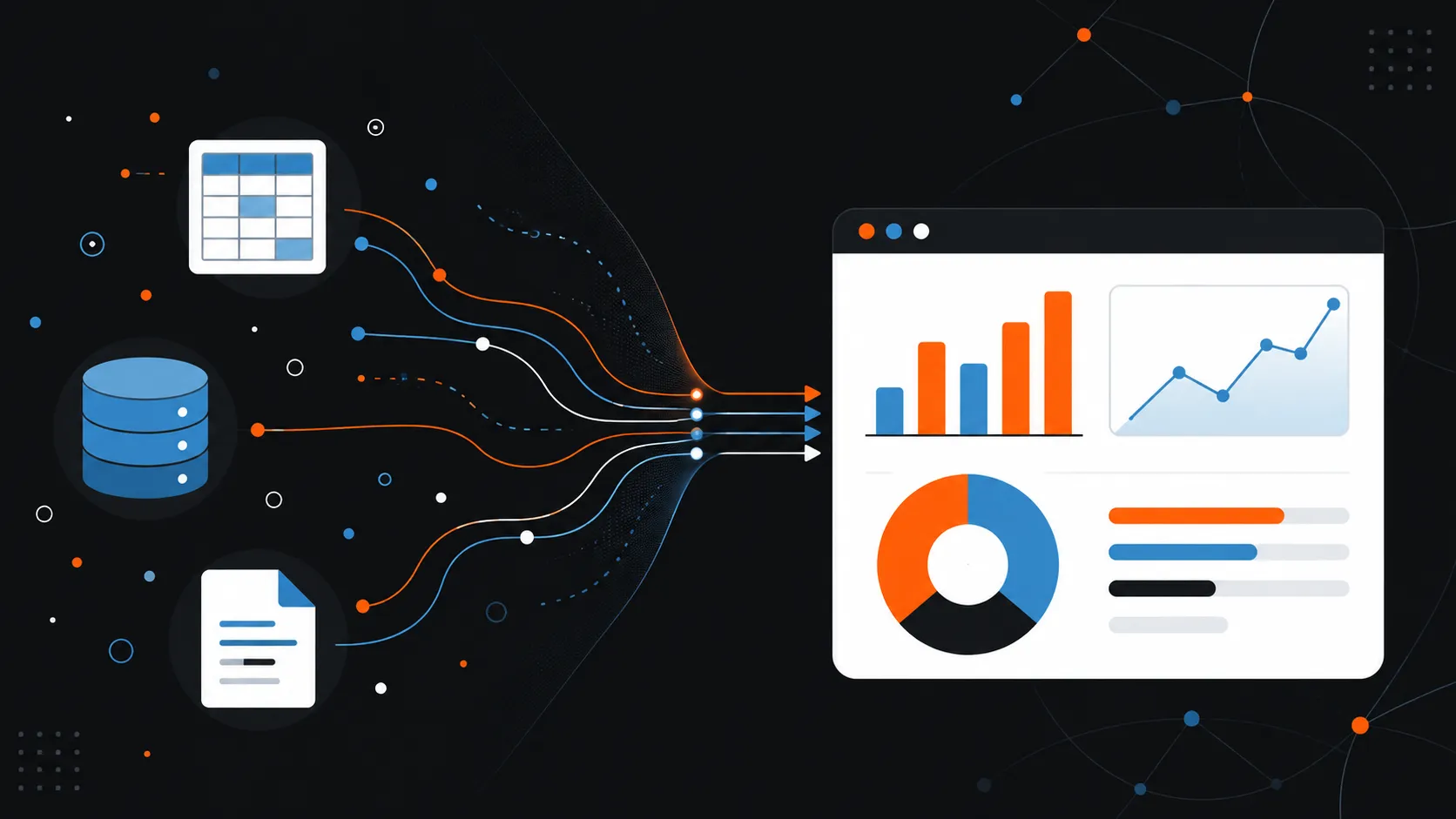 Illustration of scattered data icons flowing into a clean dashboard with bar, line, and pie charts, representing turning raw data into Power BI insights.