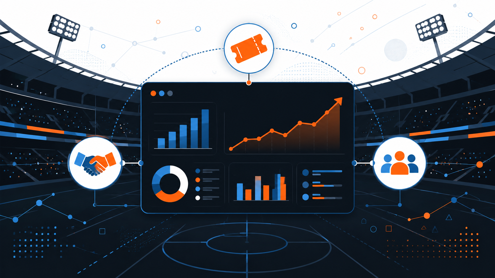 Illustration of a generic stadium silhouette with a central analytics dashboard connected to ticket, sponsorship, and fan icons, representing data driving ticketing, sponsorships, and fan engagement.