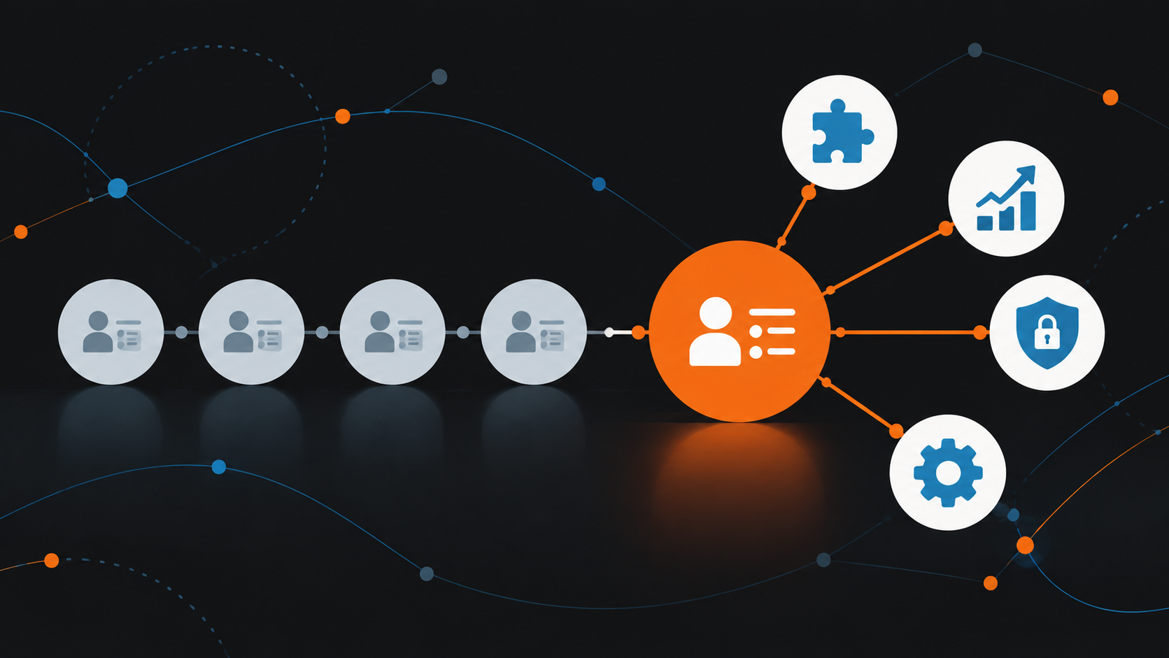Illustration of a set of generic shapes with one larger orange shape connected to icons for integration, scalability, security, and customization, representing Dynamics 365 standing out among CRM options.