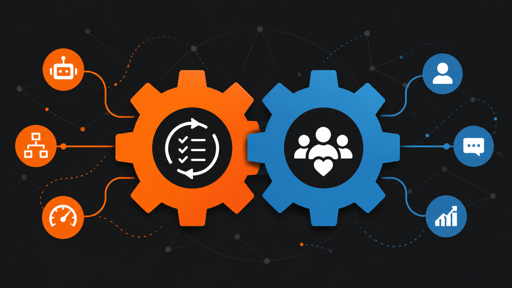 Illustration of two interlocking gears, one orange representing process automation and one blue representing customer relationships, meshing together to symbolize Dynamics 365 combining efficiency and CRM.