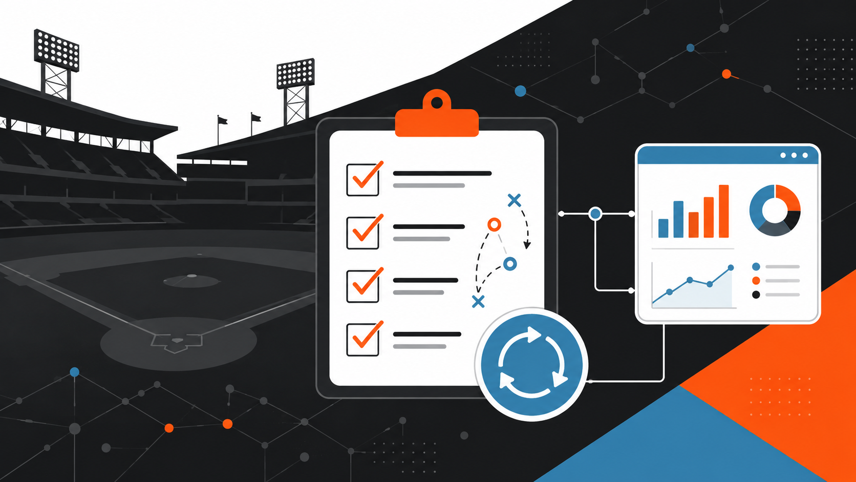 Illustration of a generic ballpark silhouette with a checklist icon connected to a performance dashboard and a repeat cycle icon, representing a scalable, documented operations playbook.