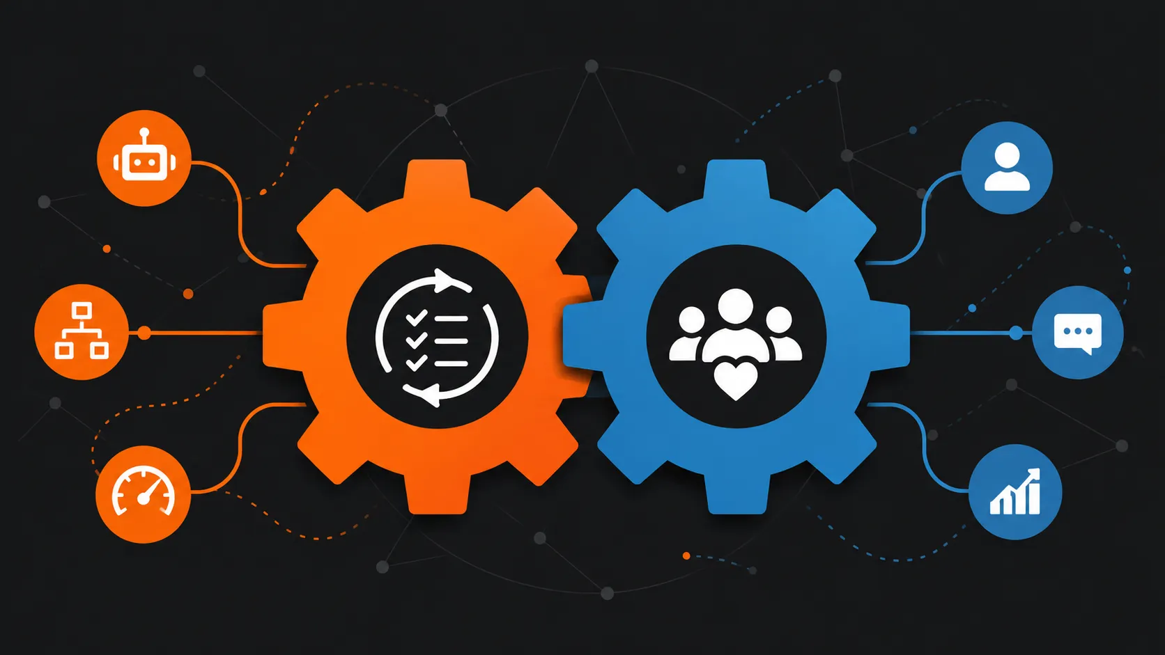Illustration of two interlocking gears, one orange representing process automation and one blue representing customer relationships, meshing together to symbolize Dynamics 365 combining efficiency and CRM.